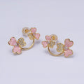 16K Gold plated Double Flower Pink Sparkly Enamel Micro Paved Stud Earrings | AD1095 - DLUXCA