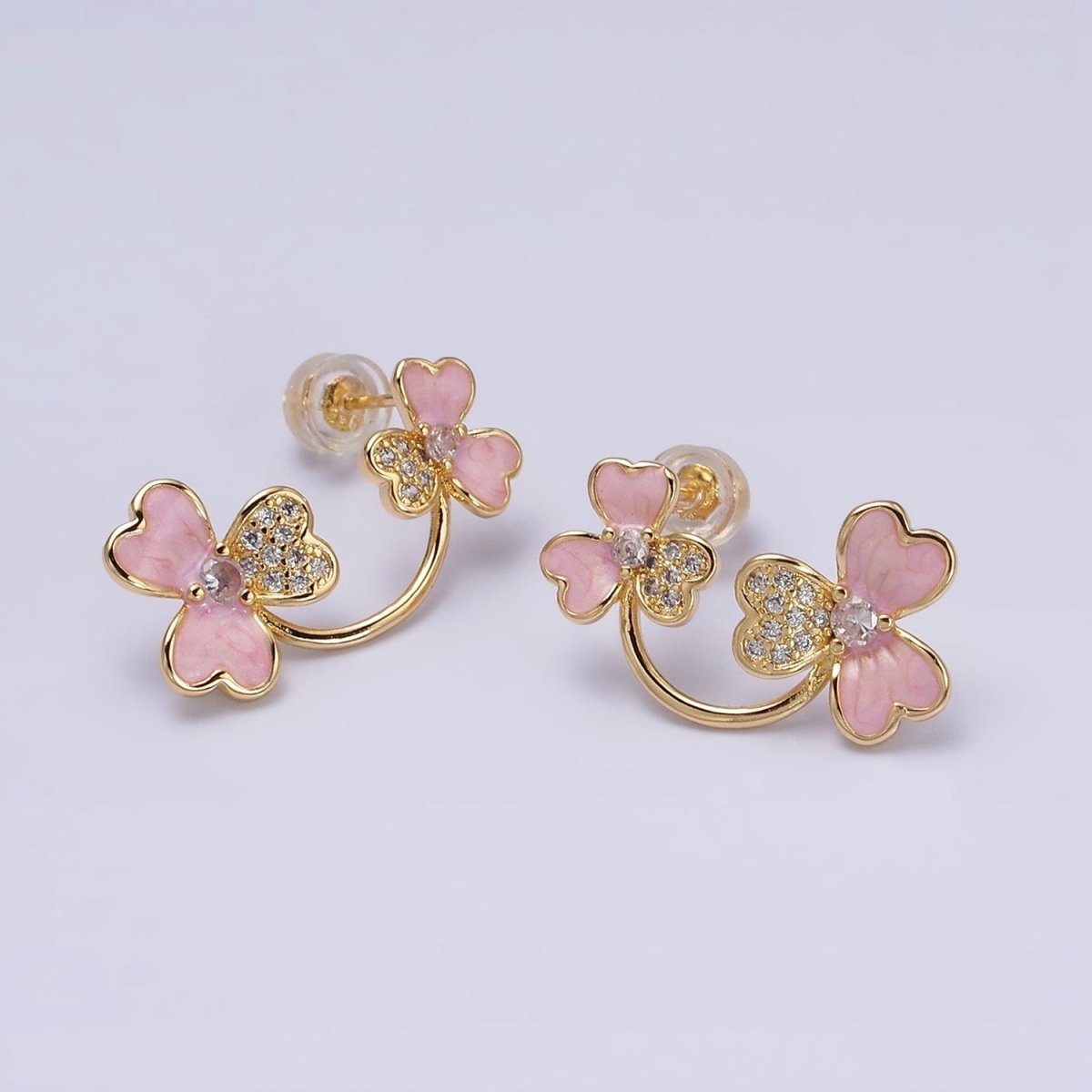 16K Gold plated Double Flower Pink Sparkly Enamel Micro Paved Stud Earrings | AD1095 - DLUXCA