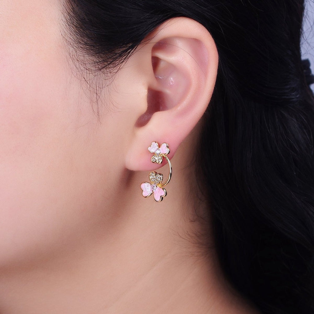 16K Gold plated Double Flower Pink Sparkly Enamel Micro Paved Stud Earrings | AD1095 - DLUXCA