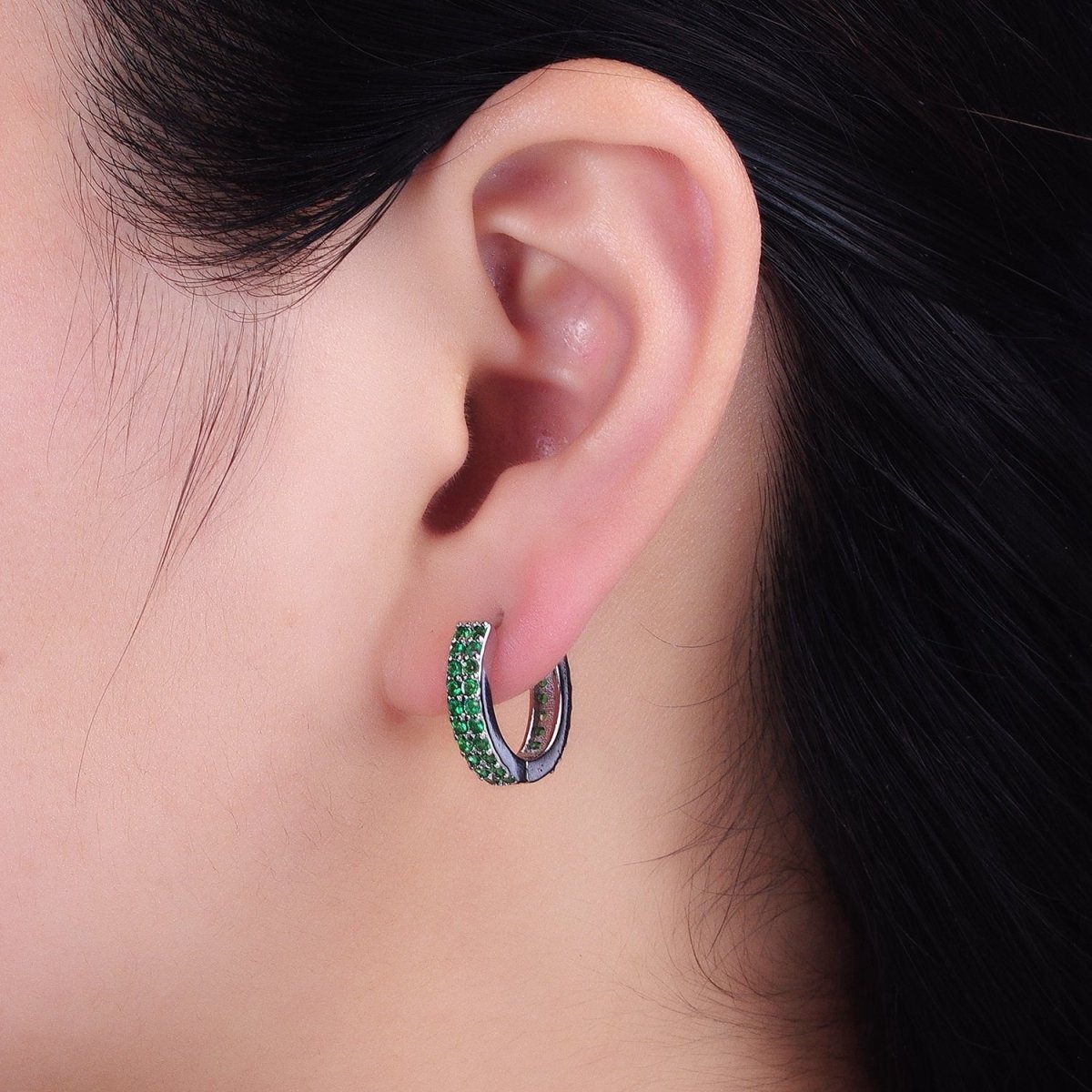 16K Gold plated Double Green Micro Paved CZ 16mm Huggie Earrings in Gold & Silver | AB1453 AB1454