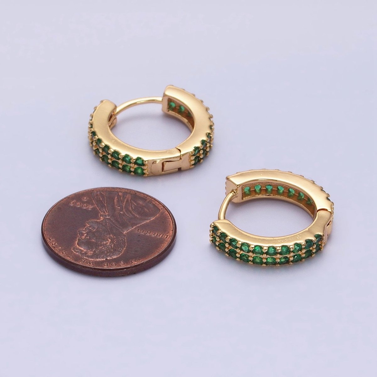 16K Gold plated Double Green Micro Paved CZ 16mm Huggie Earrings in Gold & Silver | AB1453 AB1454