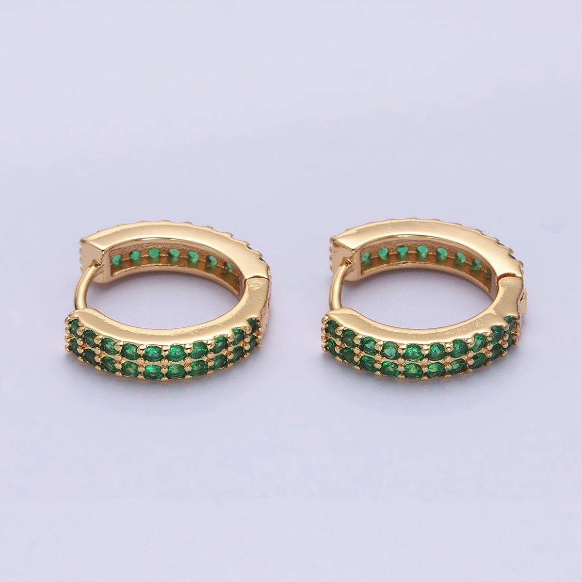 16K Gold plated Double Green Micro Paved CZ 16mm Huggie Earrings in Gold & Silver | AB1453 AB1454