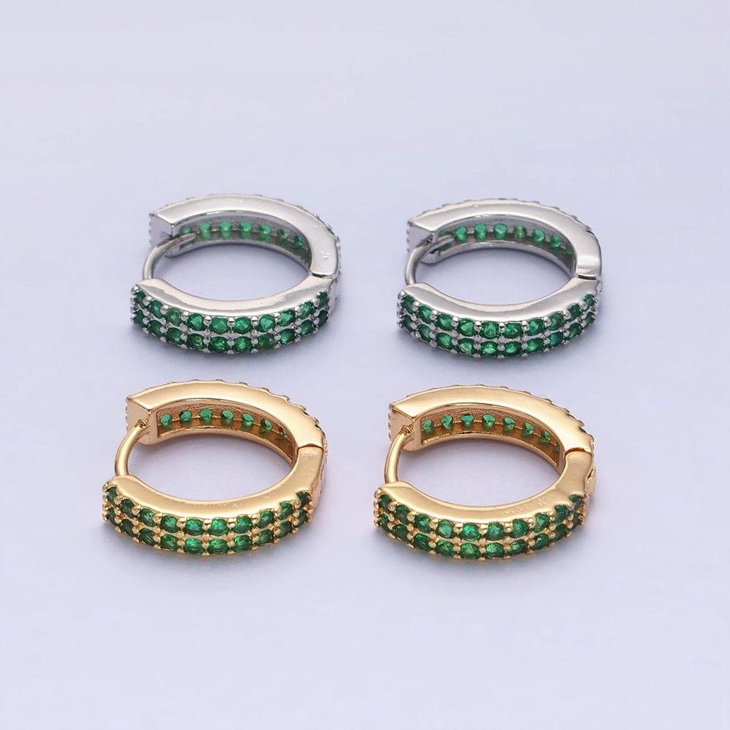 16K Gold plated Double Green Micro Paved CZ 16mm Huggie Earrings in Gold & Silver | AB1453 AB1454