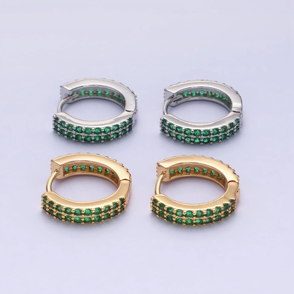 16K Gold plated Double Green Micro Paved CZ 16mm Huggie Earrings in Gold & Silver | AB1453 AB1454