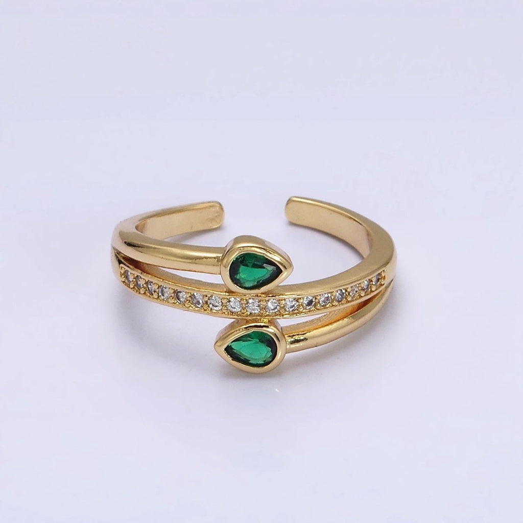 16K Gold plated Double Green Teardrop Micro Paved CZ Adjustable Ring in Gold & Silver | O-1575 O-1576