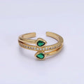 16K Gold plated Double Green Teardrop Micro Paved CZ Adjustable Ring in Gold & Silver | O-1575 O-1576