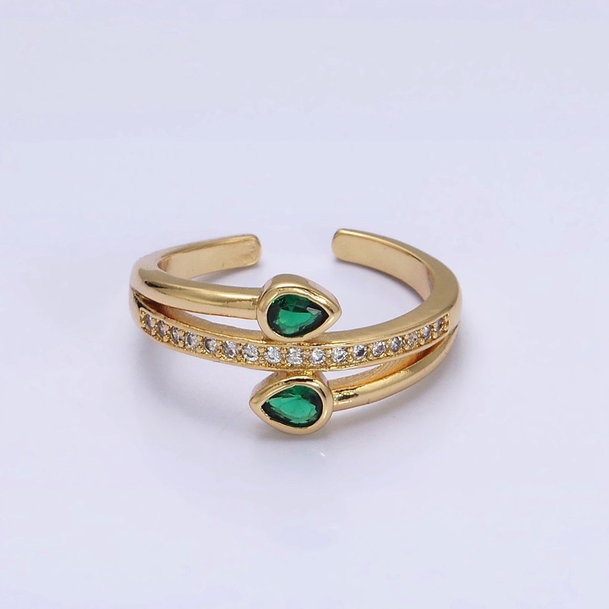 16K Gold plated Double Green Teardrop Micro Paved CZ Adjustable Ring in Gold & Silver | O-1575 O-1576