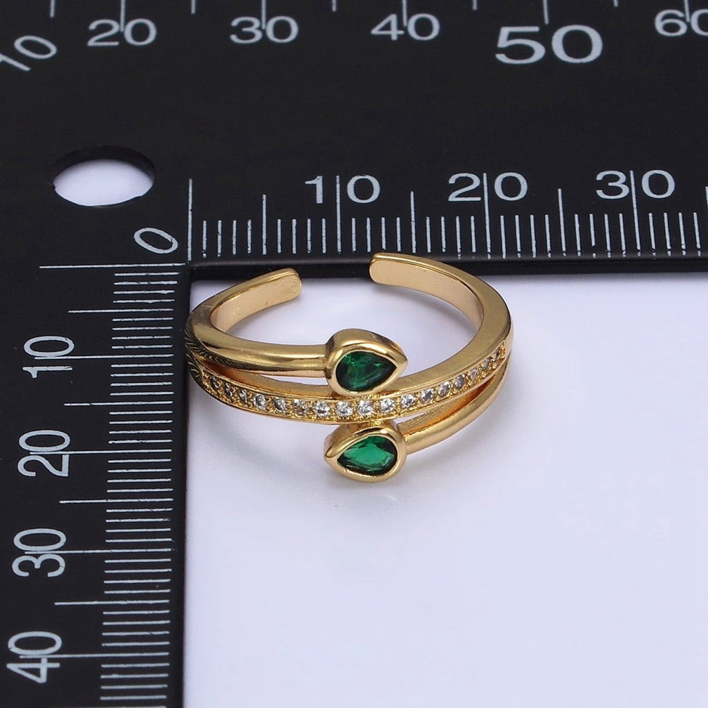 16K Gold plated Double Green Teardrop Micro Paved CZ Adjustable Ring in Gold & Silver | O-1575 O-1576