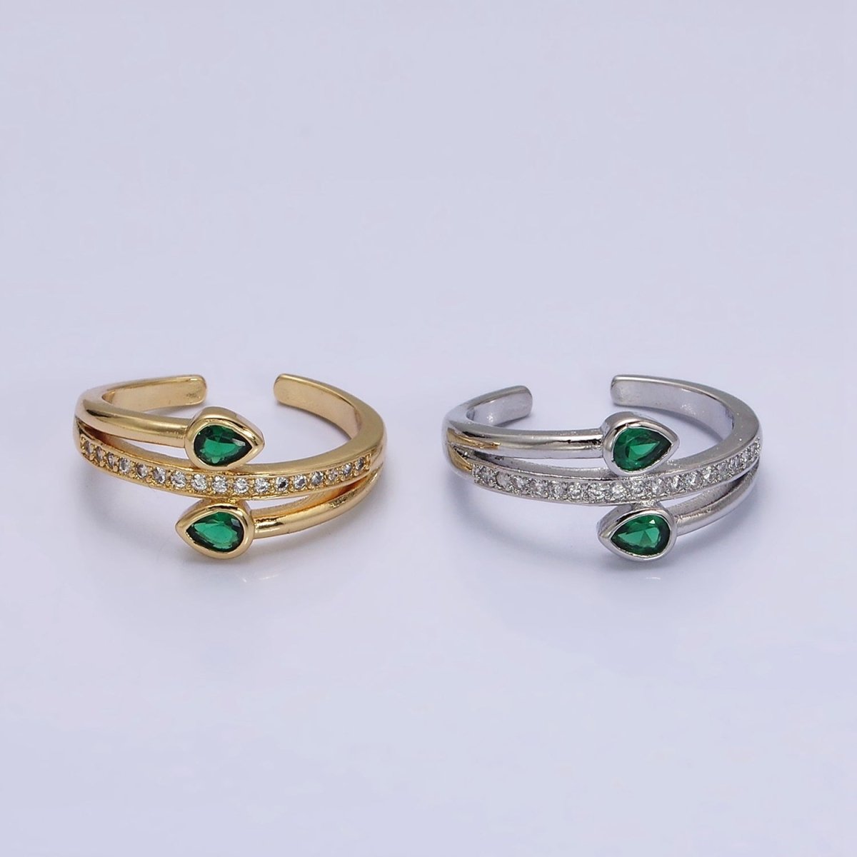 16K Gold plated Double Green Teardrop Micro Paved CZ Adjustable Ring in Gold & Silver | O-1575 O-1576