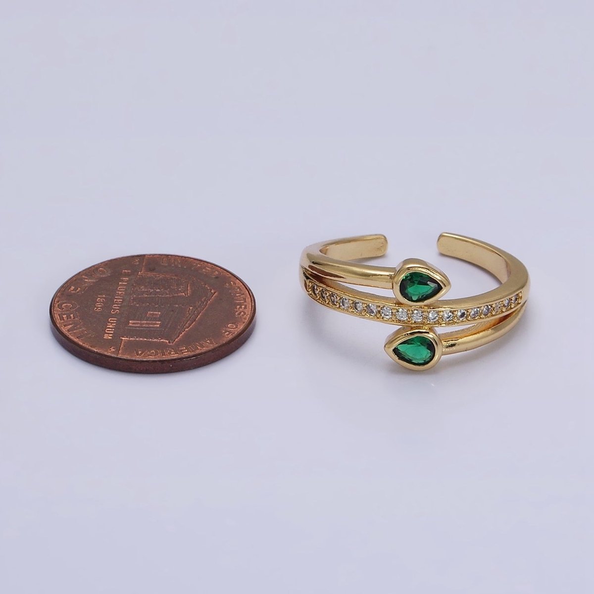 16K Gold plated Double Green Teardrop Micro Paved CZ Adjustable Ring in Gold & Silver | O-1575 O-1576
