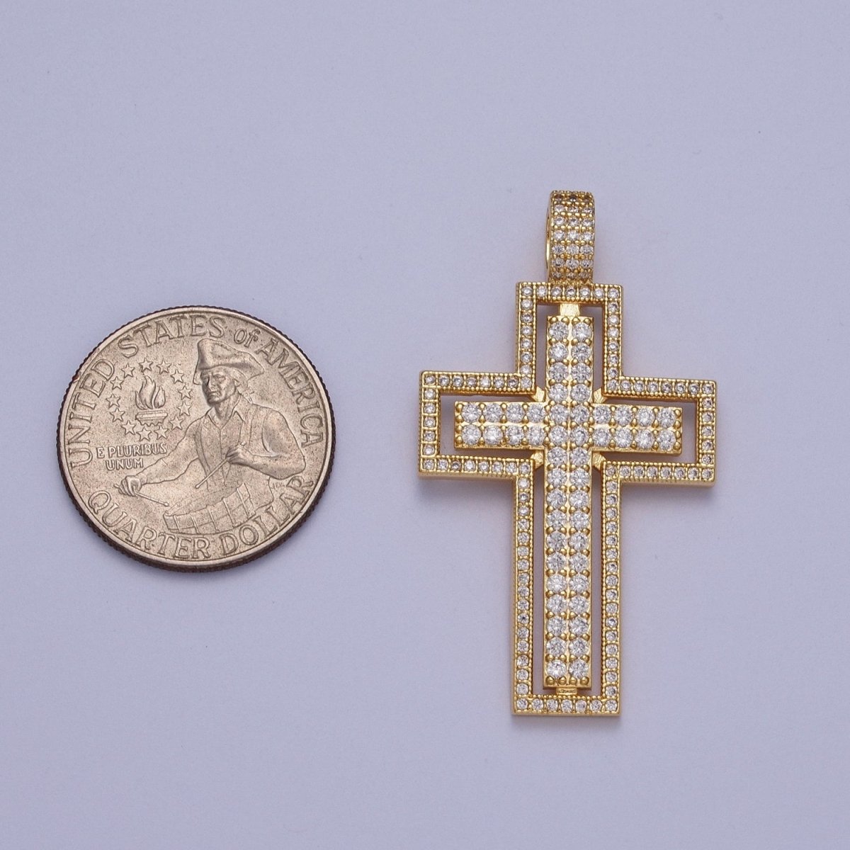16K Gold plated Double Micro Paved CZ Cross Pendant For Religious Jewelry Making | X-687 - DLUXCA