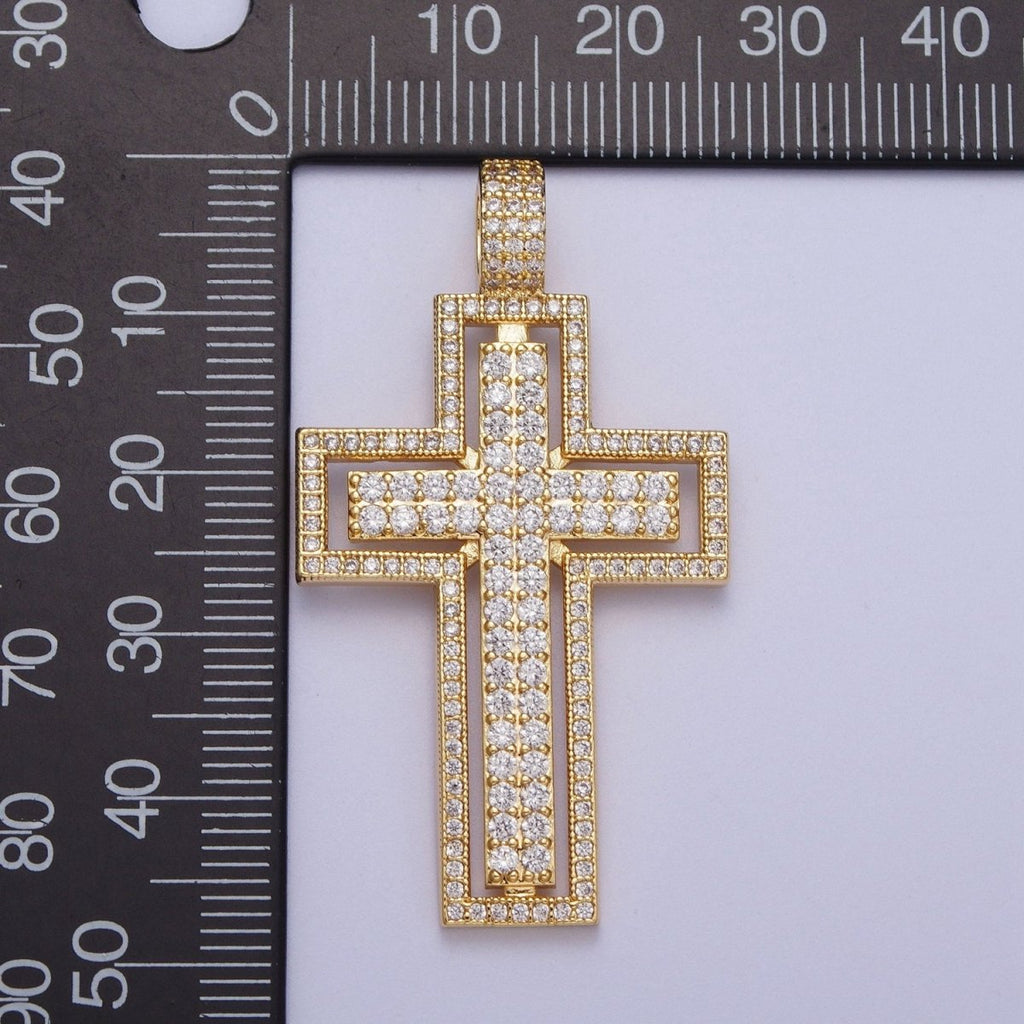 16K Gold plated Double Micro Paved CZ Cross Pendant For Religious Jewelry Making | X-687 - DLUXCA