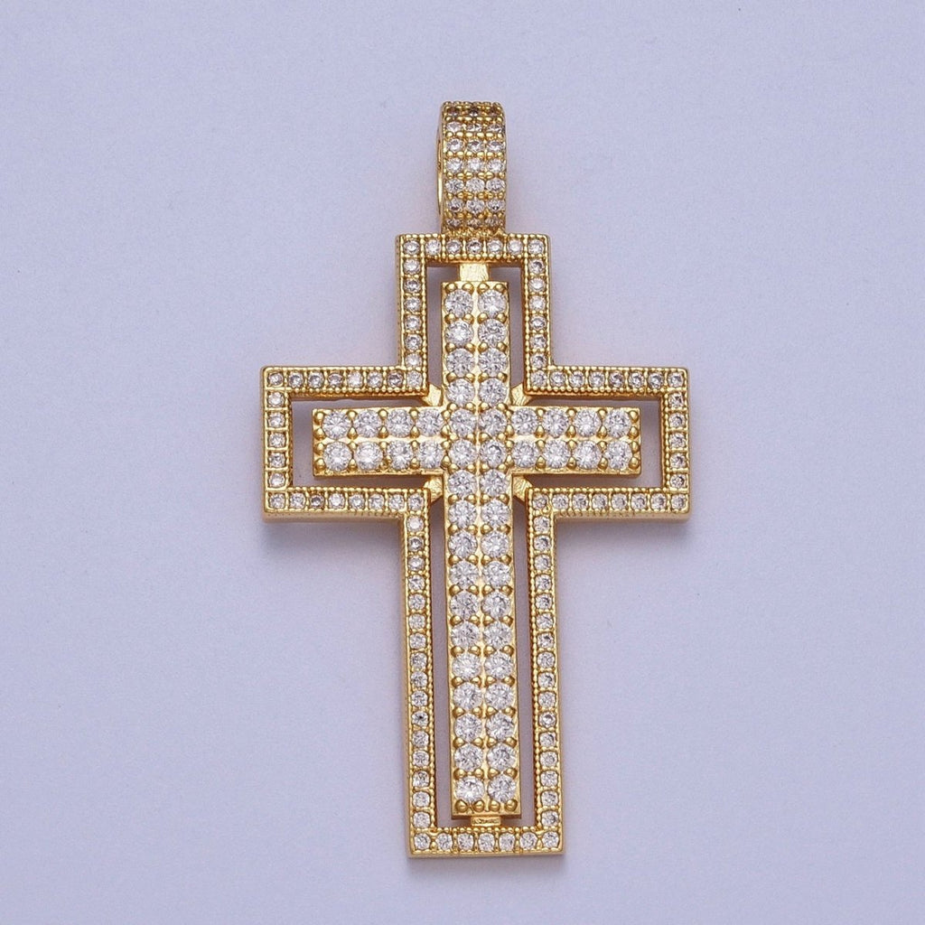 16K Gold plated Double Micro Paved CZ Cross Pendant For Religious Jewelry Making | X-687 - DLUXCA