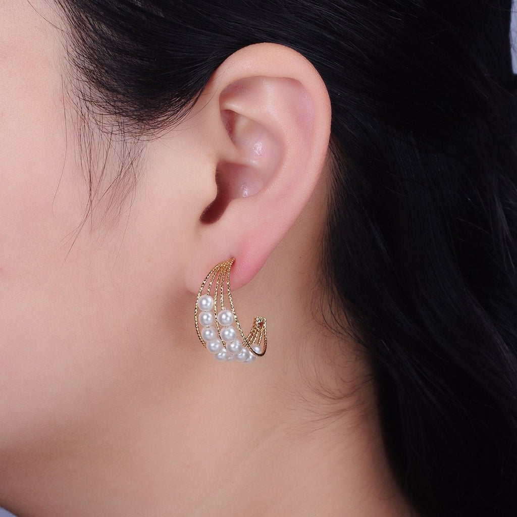 16K Gold plated Double Pearl Lined Multiple Textured Bar C-Shaped Hoop Earrings | AD945 - DLUXCA