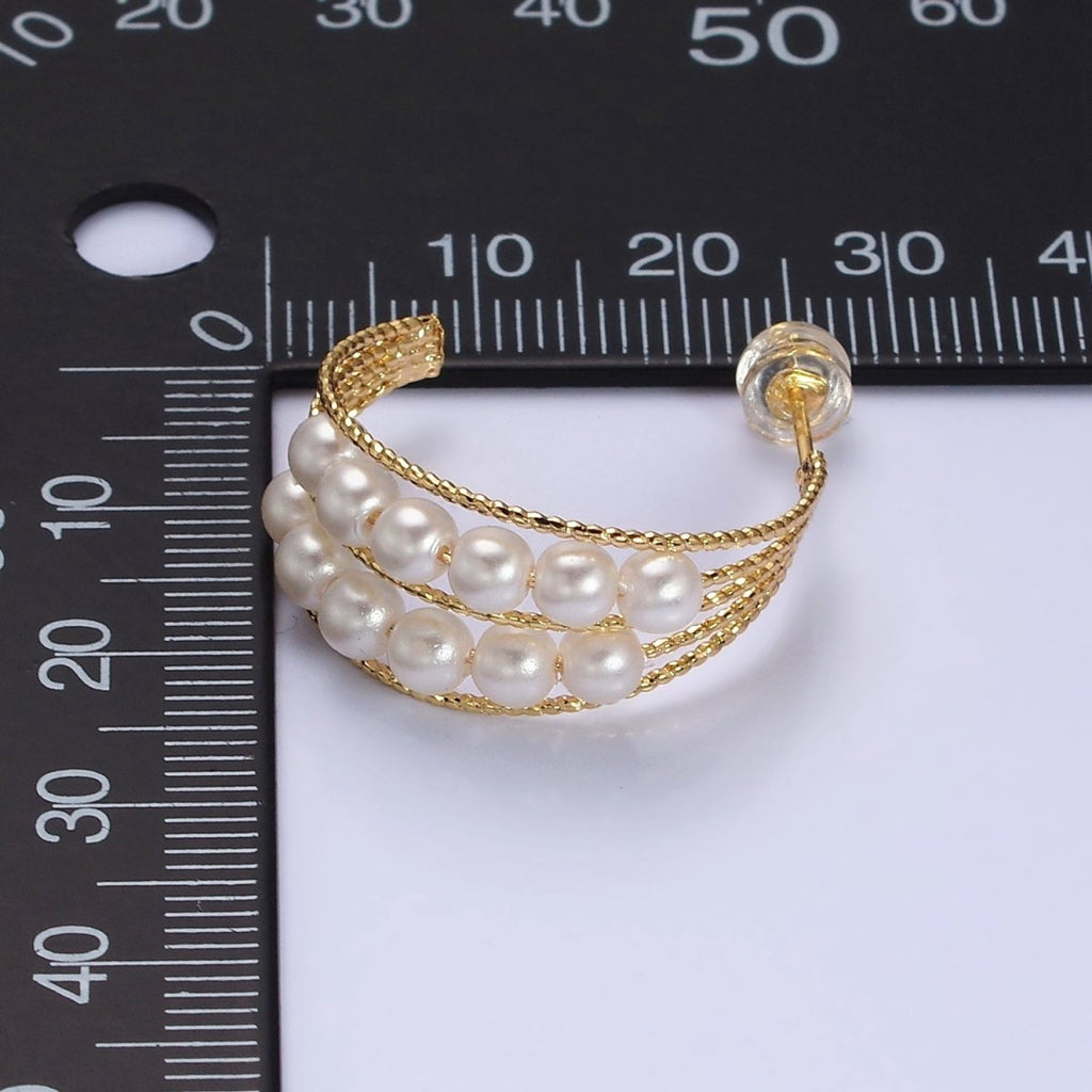 16K Gold plated Double Pearl Lined Multiple Textured Bar C-Shaped Hoop Earrings | AD945 - DLUXCA