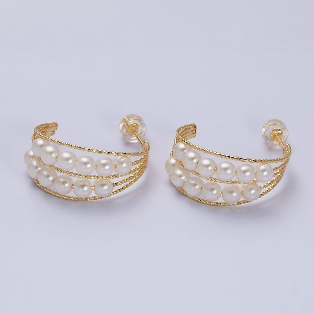 16K Gold plated Double Pearl Lined Multiple Textured Bar C-Shaped Hoop Earrings | AD945 - DLUXCA