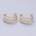 16K Gold plated Double Pearl Lined Multiple Textured Bar C-Shaped Hoop Earrings | AD945 - DLUXCA