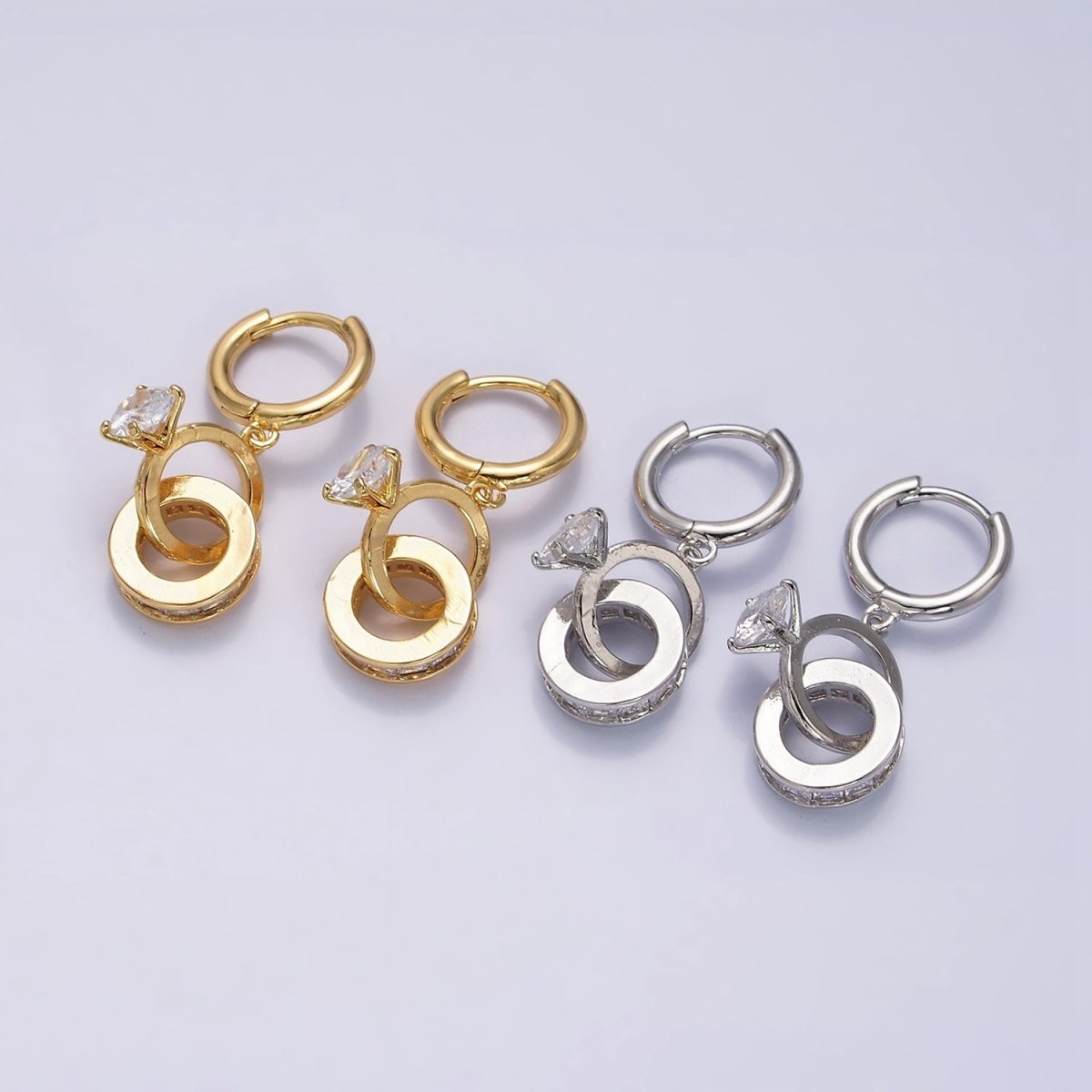 16K Gold plated Double Round Clear Rhondelle Solitaire CZ Huggie Earrings in Gold & Silver | AD-315 AD-316