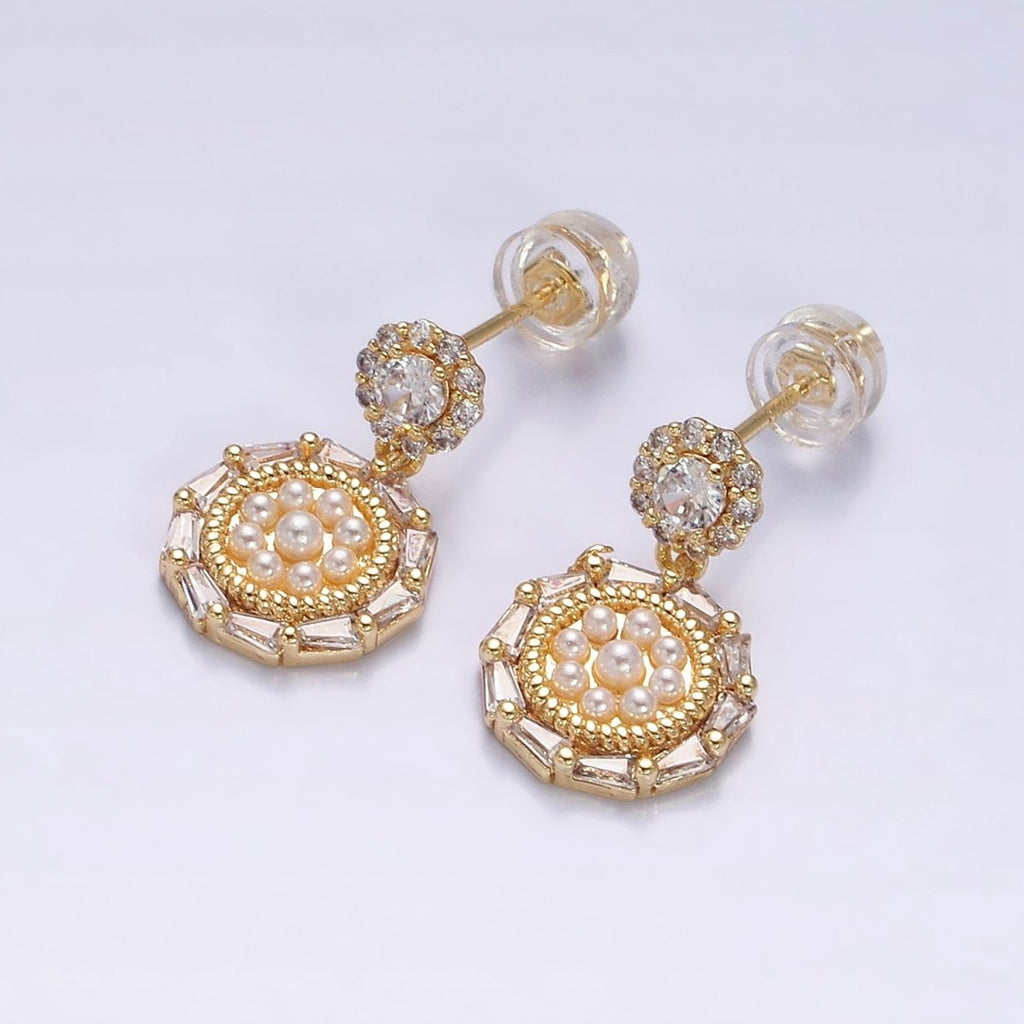 16K Gold plated Double Round Triangle Baguette Pearl Drop Stud Earrings in Gold & Silver | AD-327 AD-328