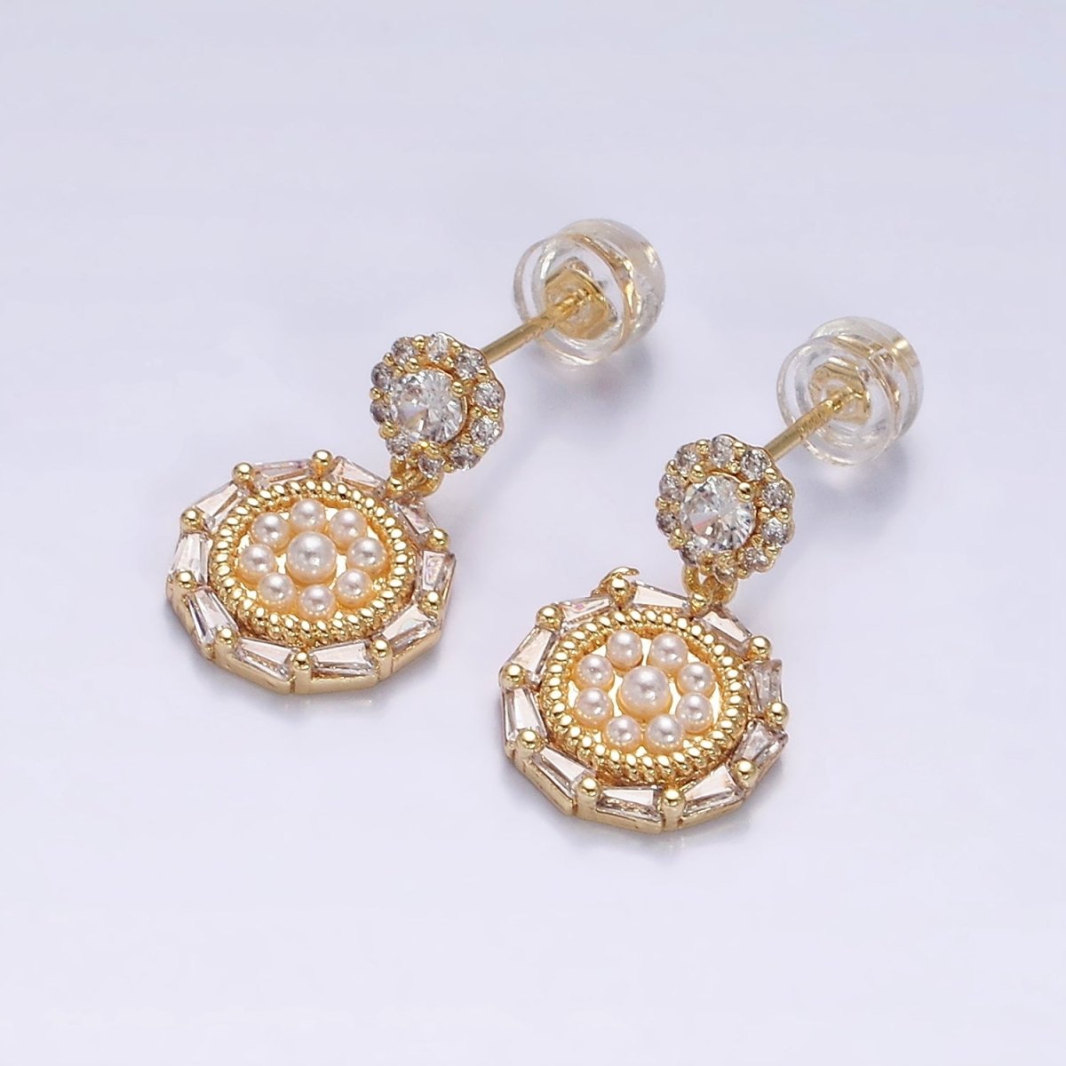 16K Gold plated Double Round Triangle Baguette Pearl Drop Stud Earrings in Gold & Silver | AD-327 AD-328