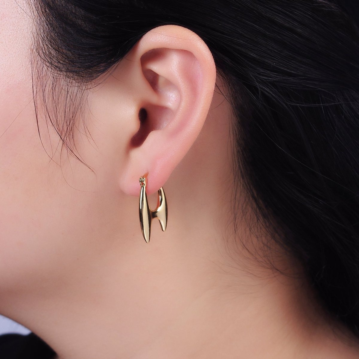 16K Gold plated Double Spiked H-Shaped French Lock Latch Hoop Earrings | AB087 - DLUXCA