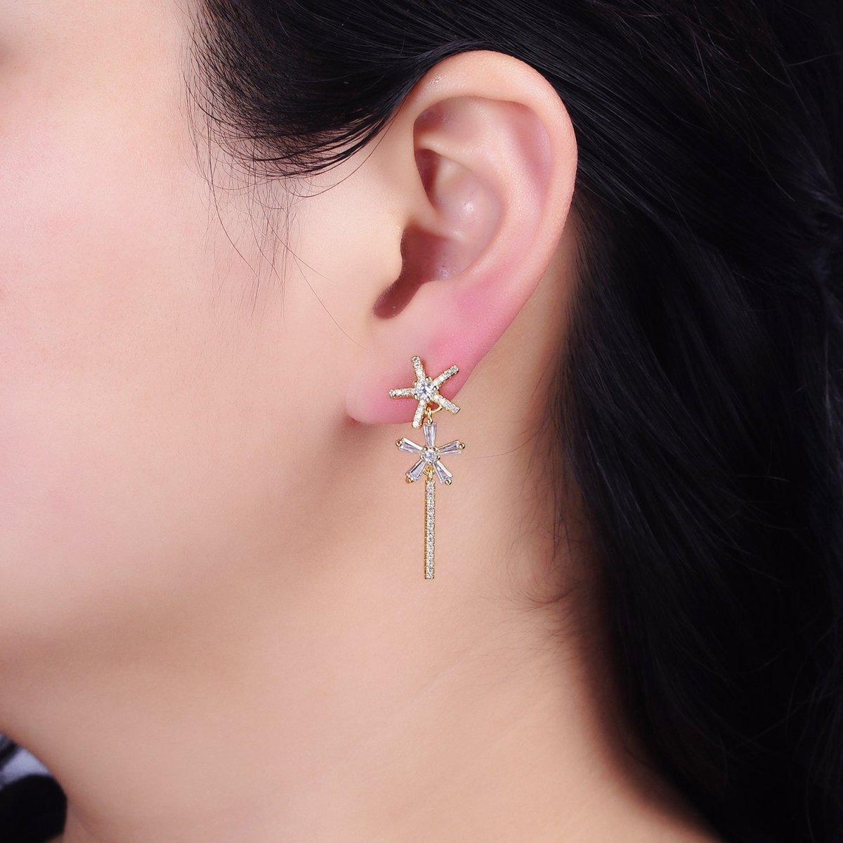 16K Gold plated Double Star Flower Baguette Micro Paved CZ Bar Drop Stud Earrings in Gold & Silver | AD1136 AD1137