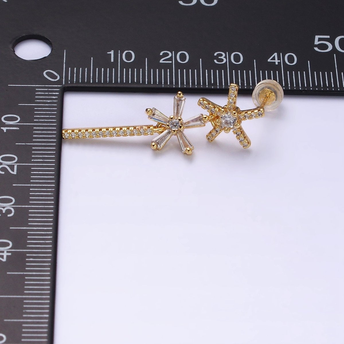16K Gold plated Double Star Flower Baguette Micro Paved CZ Bar Drop Stud Earrings in Gold & Silver | AD1136 AD1137