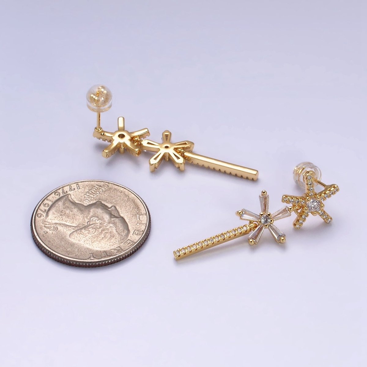 16K Gold plated Double Star Flower Baguette Micro Paved CZ Bar Drop Stud Earrings in Gold & Silver | AD1136 AD1137