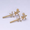 16K Gold plated Double Star Flower Baguette Micro Paved CZ Bar Drop Stud Earrings in Gold & Silver | AD1136 AD1137