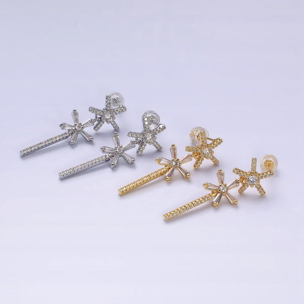 16K Gold plated Double Star Flower Baguette Micro Paved CZ Bar Drop Stud Earrings in Gold & Silver | AD1136 AD1137