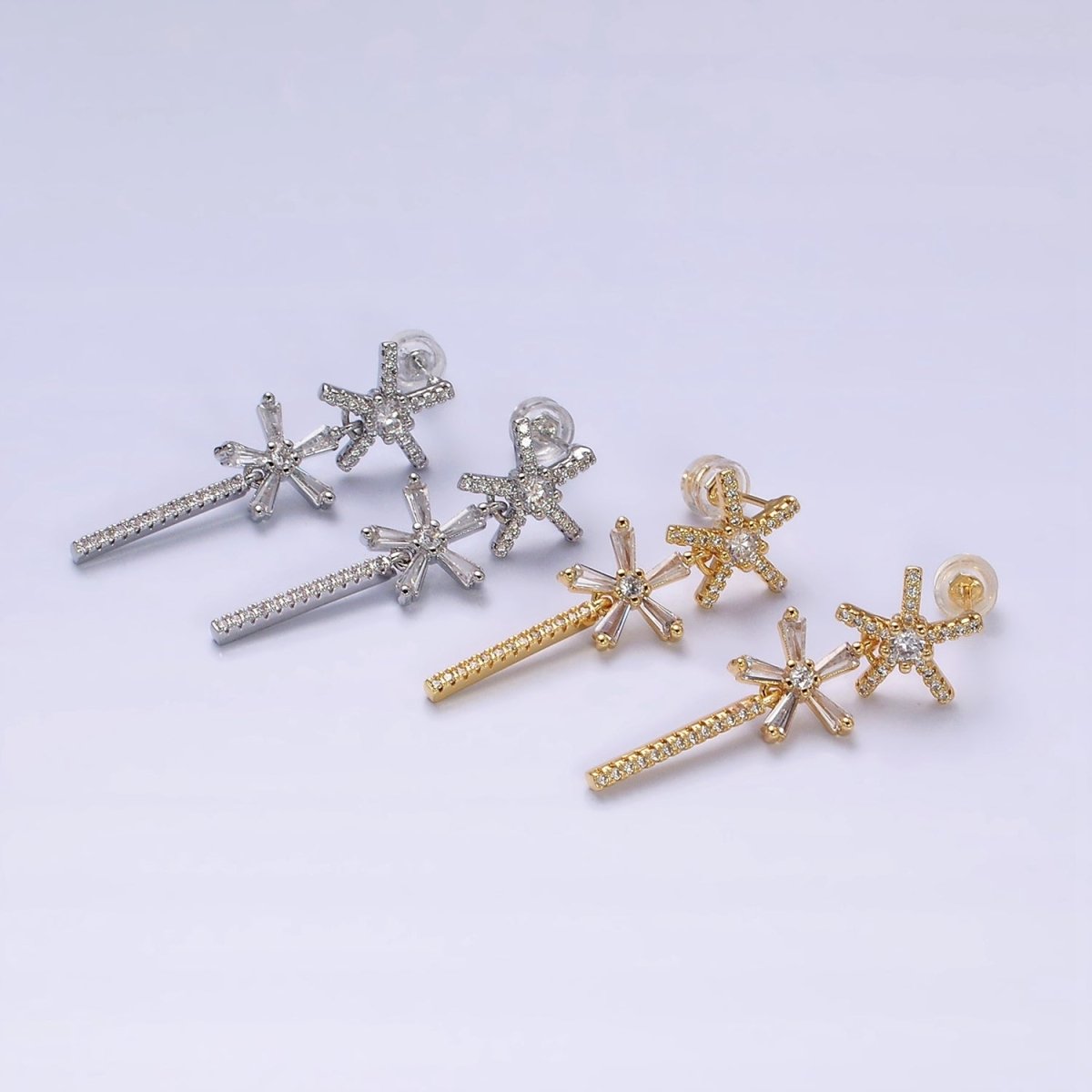 16K Gold plated Double Star Flower Baguette Micro Paved CZ Bar Drop Stud Earrings in Gold & Silver | AD1136 AD1137