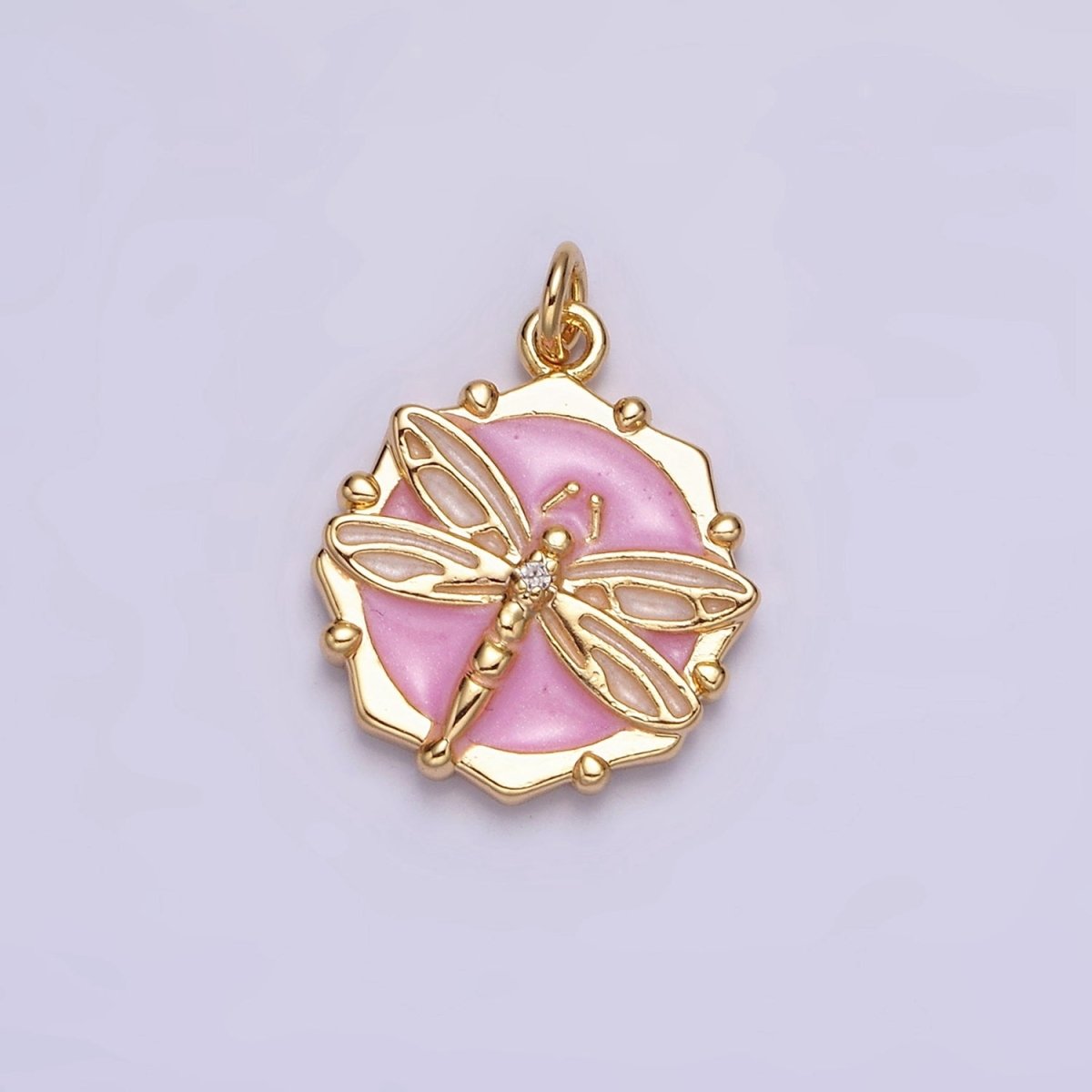 16K Gold plated Dragonfly Insect White, Pink, Blue Sparkly Enamel Hexagonal Charm | AC1555 - AC1560 - DLUXCA