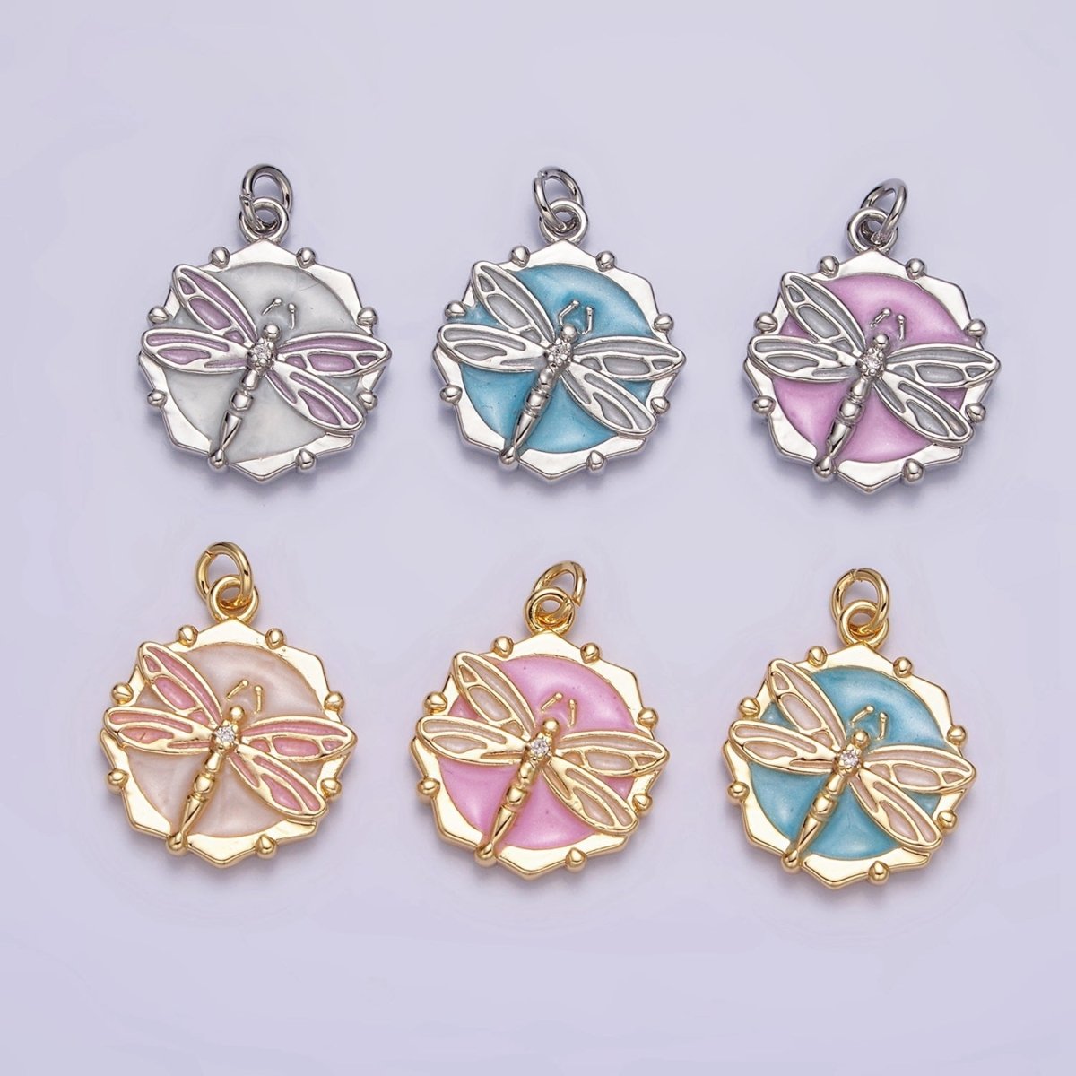 16K Gold plated Dragonfly Insect White, Pink, Blue Sparkly Enamel Hexagonal Charm | AC1555 - AC1560 - DLUXCA