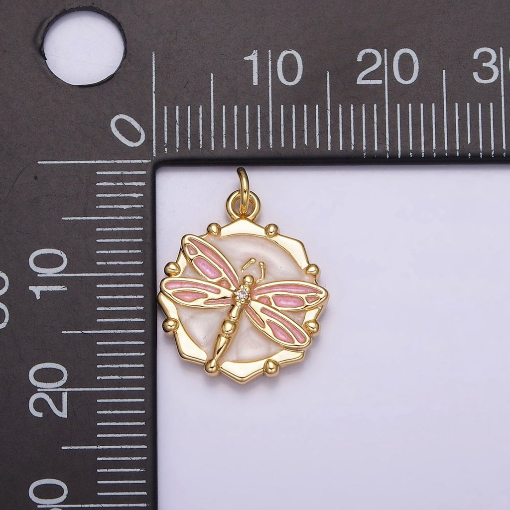 16K Gold plated Dragonfly Insect White, Pink, Blue Sparkly Enamel Hexagonal Charm | AC1555 - AC1560 - DLUXCA