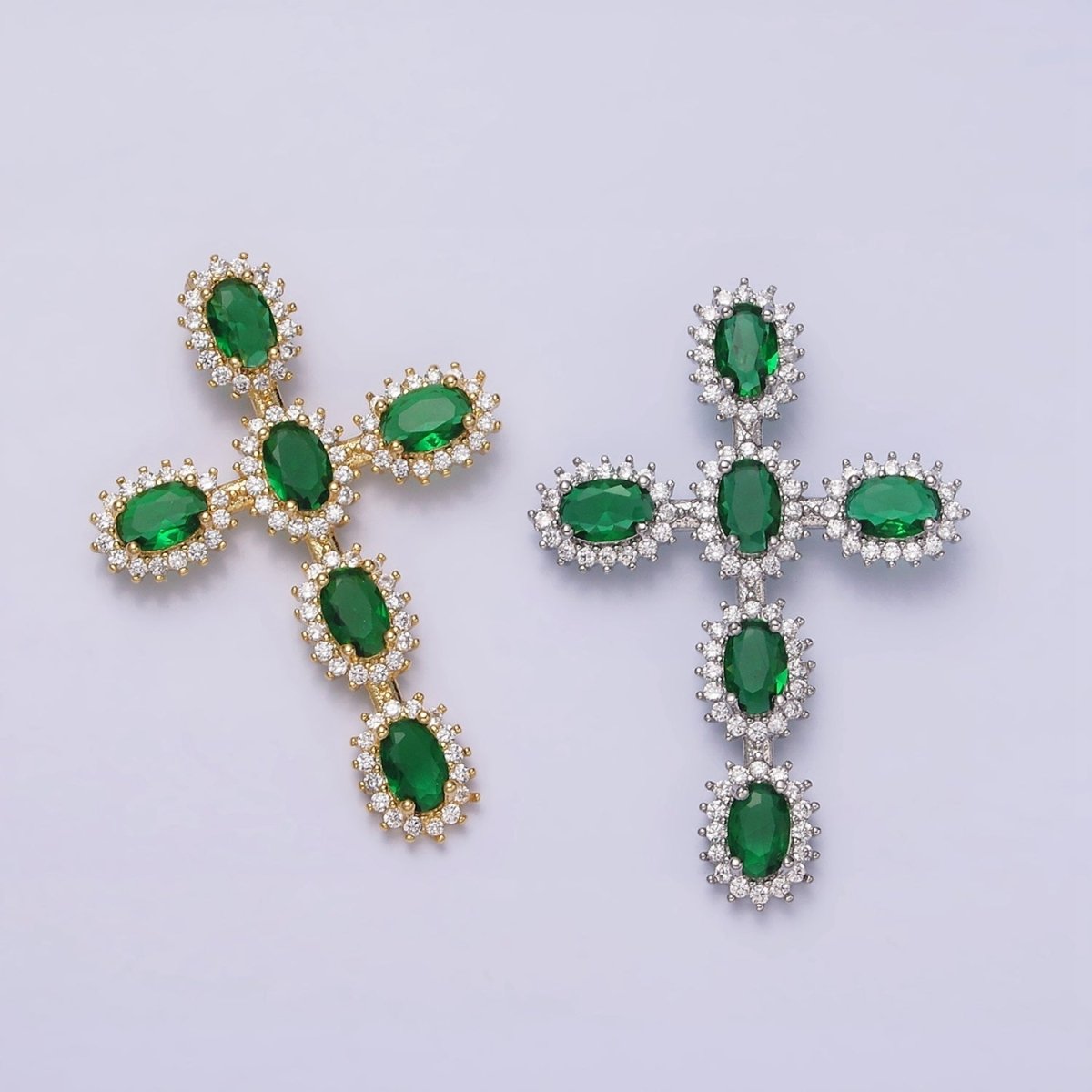 16K Gold plated Emerald Green Oval Religious Cross Pendant in Gold & Silver | AA493 AA494