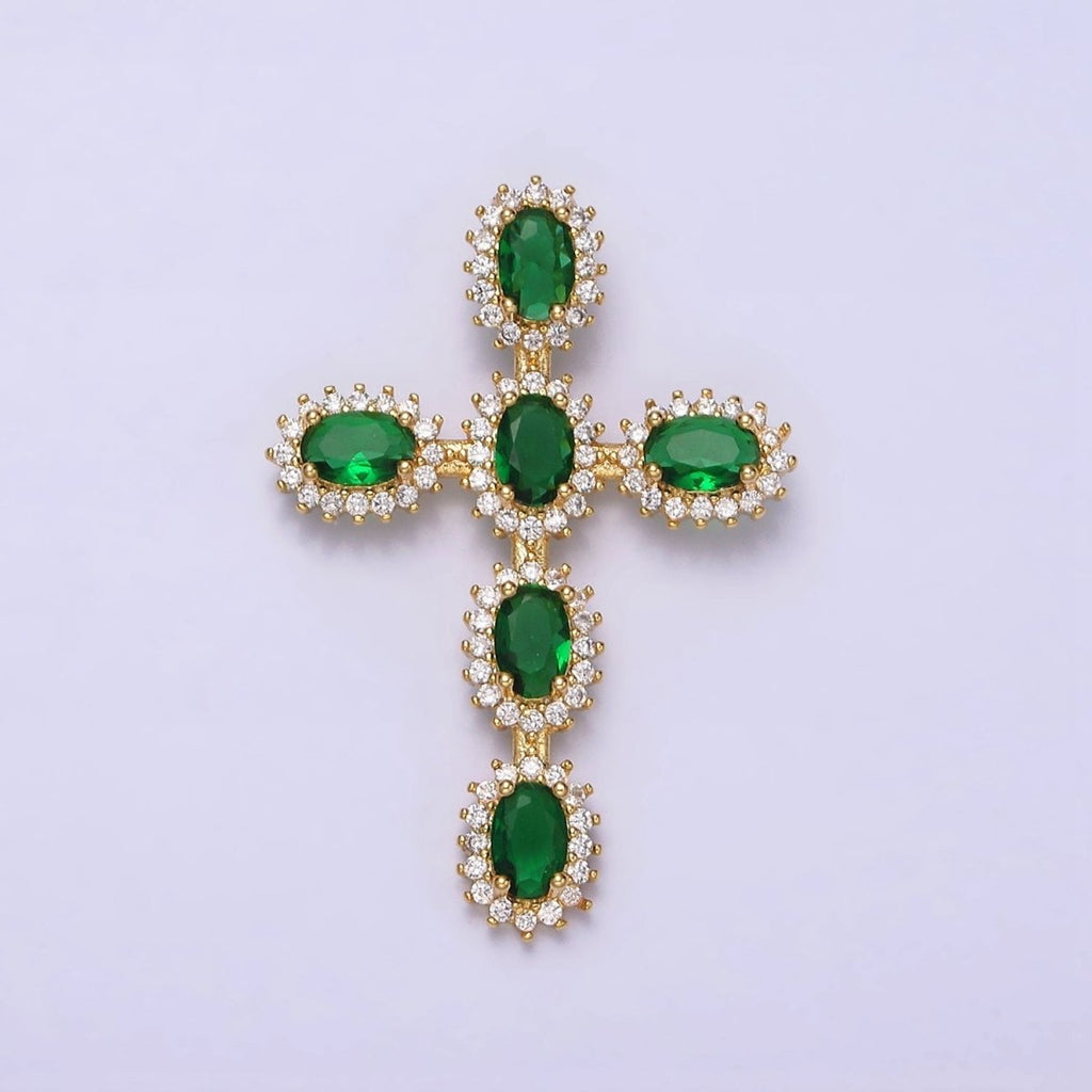 16K Gold plated Emerald Green Oval Religious Cross Pendant in Gold & Silver | AA493 AA494