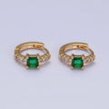 16K Gold plated Emerald Green Square CZ Micro Paved Cartilage Huggie Earrings in Gold & Silver | AB815 AB657