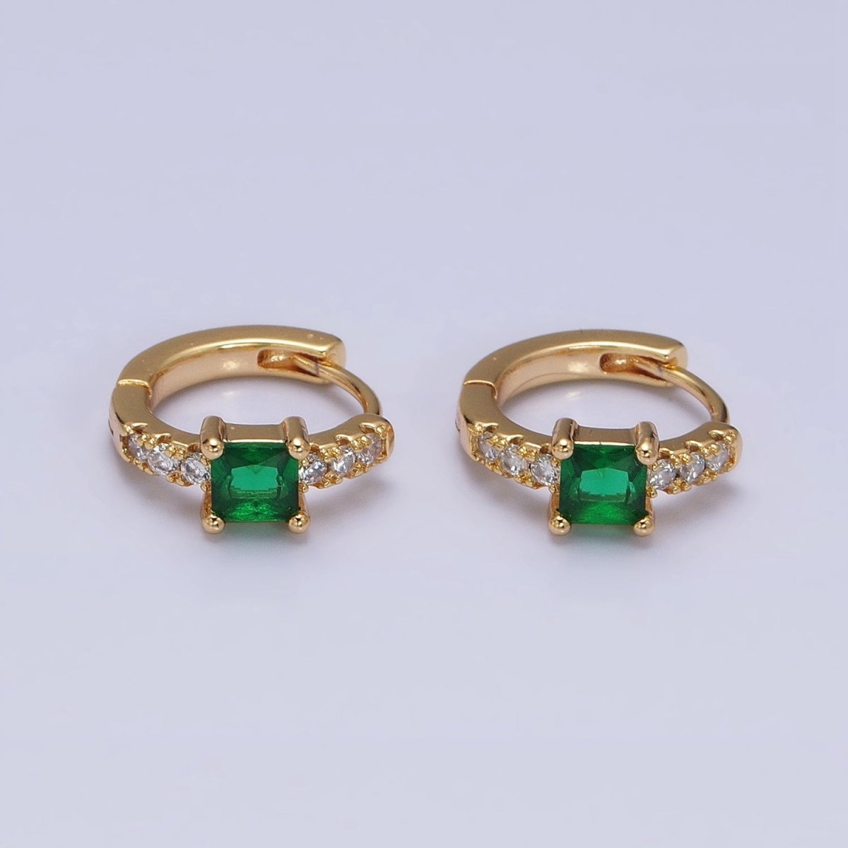16K Gold plated Emerald Green Square CZ Micro Paved Cartilage Huggie Earrings in Gold & Silver | AB815 AB657