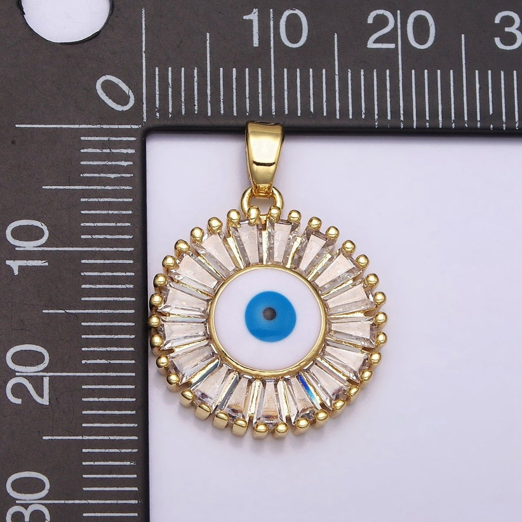 16K Gold plated Evil Eye Enamel Clear Baguette CZ Round Pendant in Gold & Silver | AA480 AA481