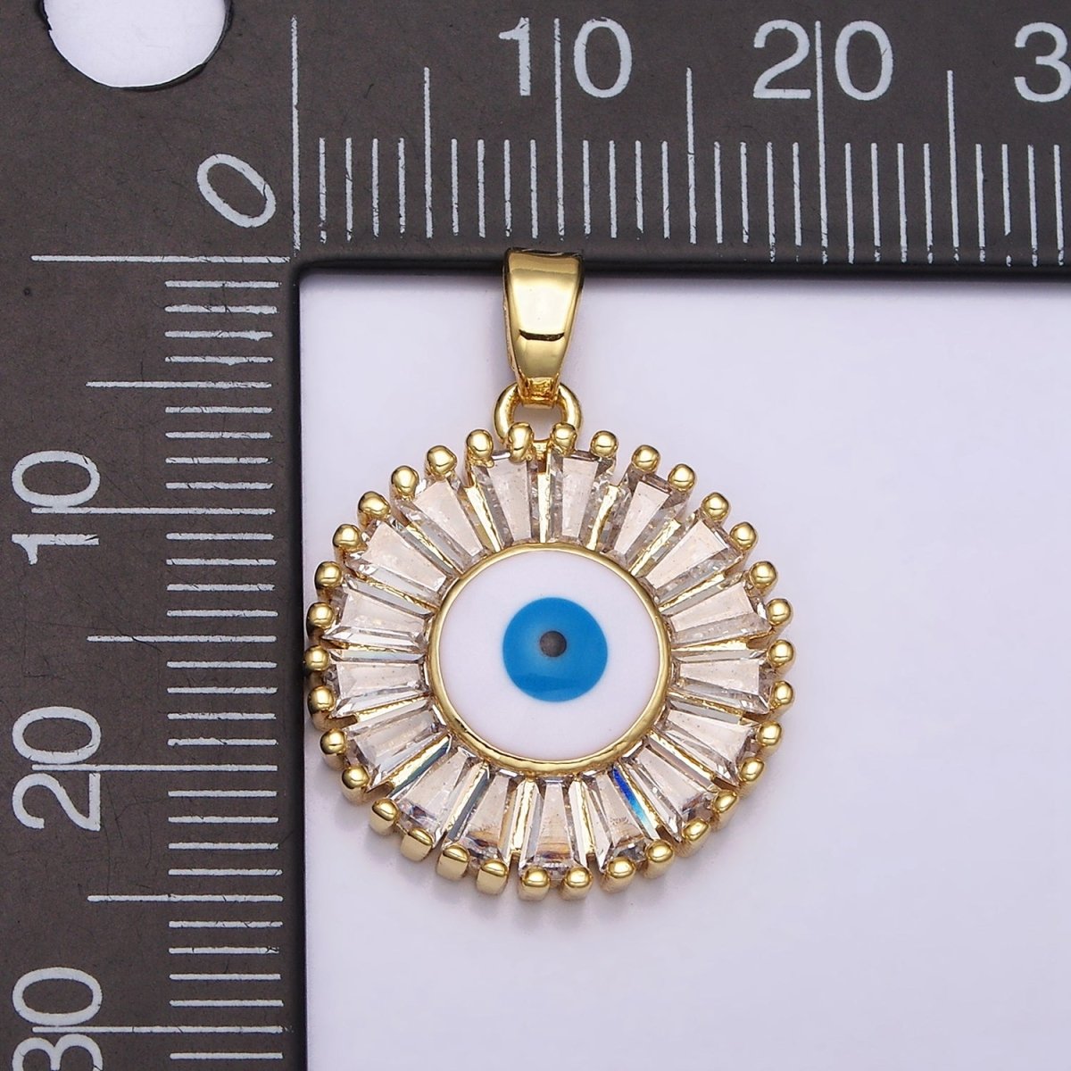 16K Gold plated Evil Eye Enamel Clear Baguette CZ Round Pendant in Gold & Silver | AA480 AA481