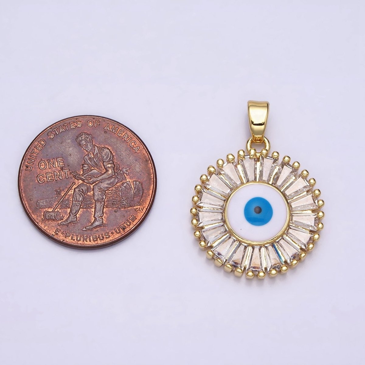 16K Gold plated Evil Eye Enamel Clear Baguette CZ Round Pendant in Gold & Silver | AA480 AA481
