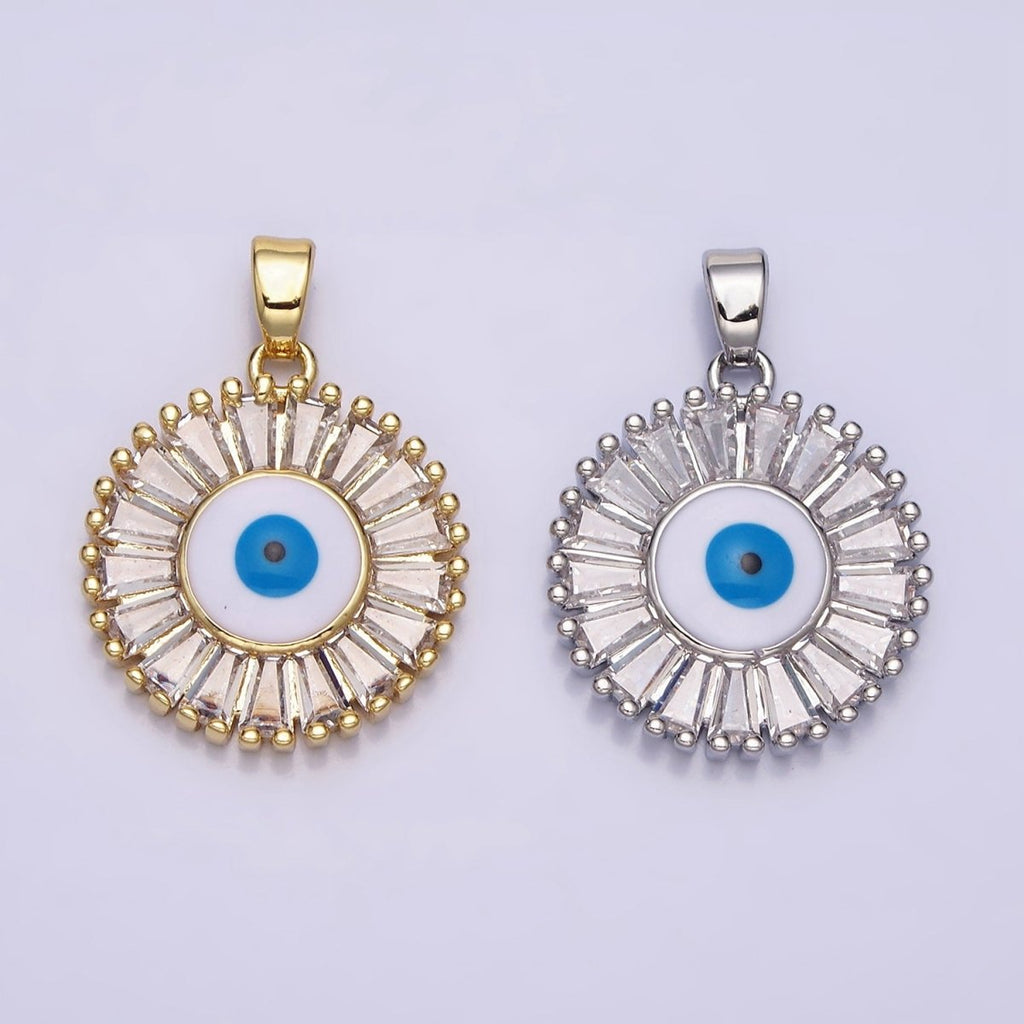 16K Gold plated Evil Eye Enamel Clear Baguette CZ Round Pendant in Gold & Silver | AA480 AA481