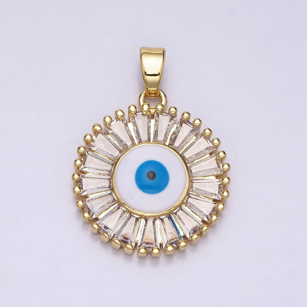 16K Gold plated Evil Eye Enamel Clear Baguette CZ Round Pendant in Gold & Silver | AA480 AA481