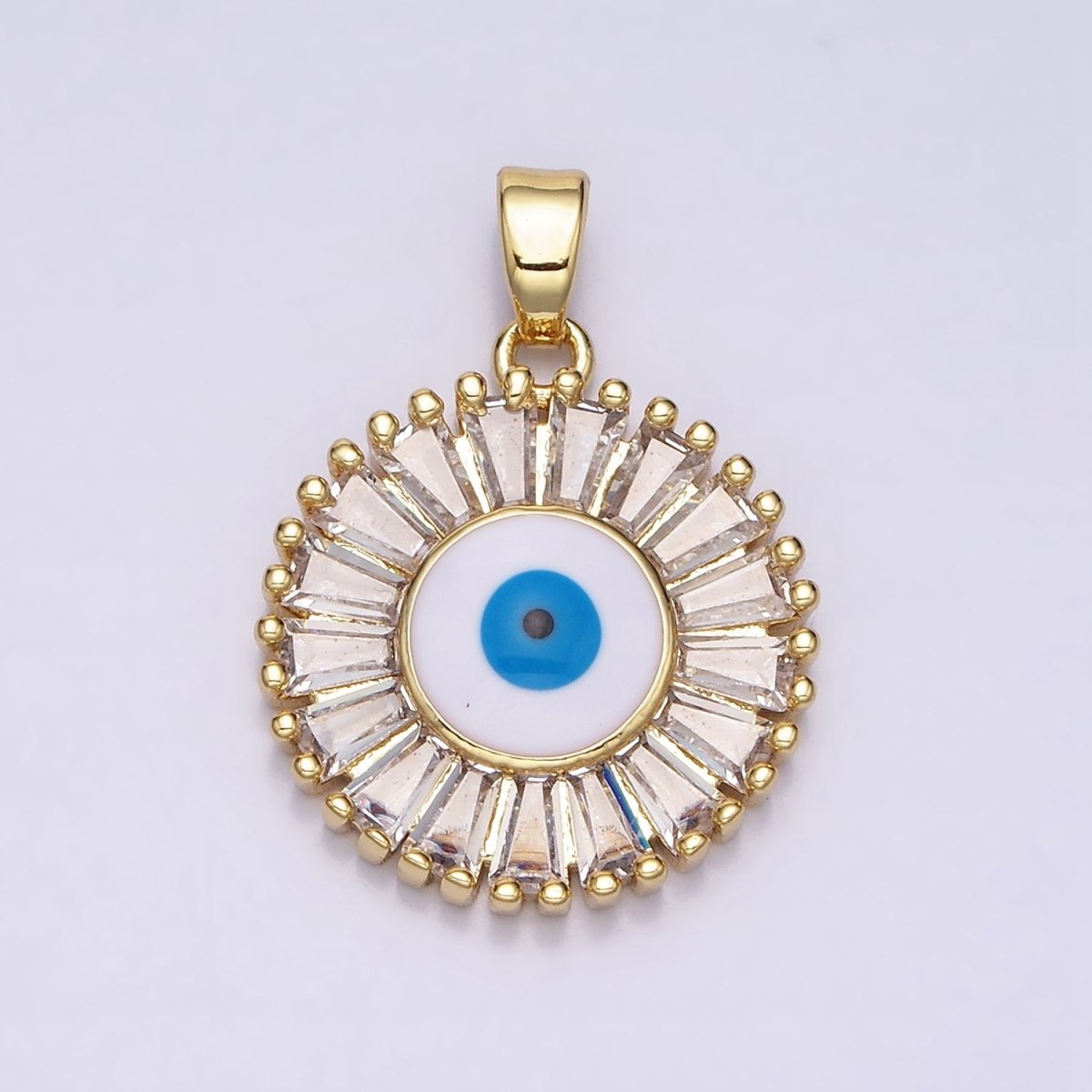 16K Gold plated Evil Eye Enamel Clear Baguette CZ Round Pendant in Gold & Silver | AA480 AA481