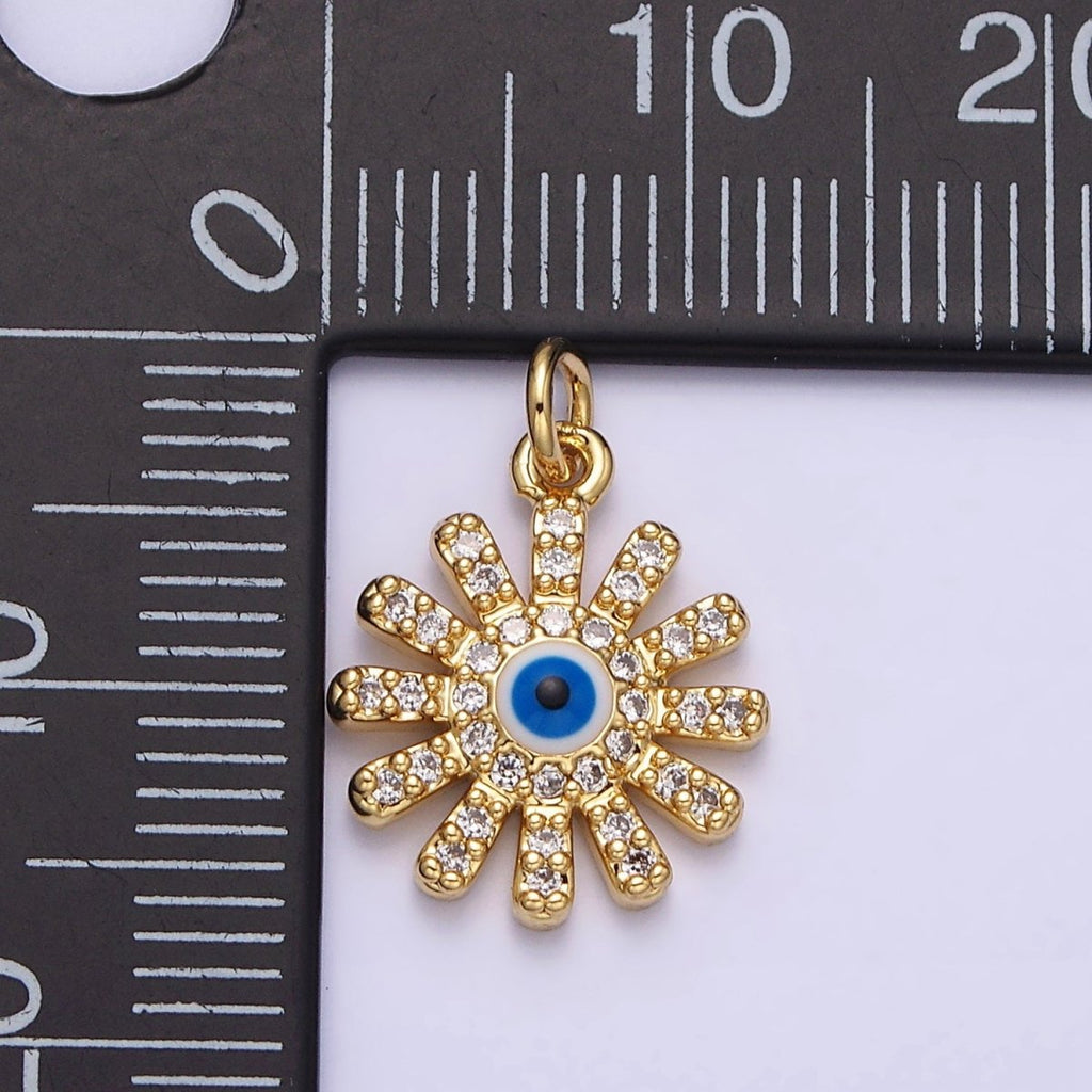 16K Gold plated Evil Eye Micro Paved CZ Celestial Sun Flower Charm | AC1136 - DLUXCA