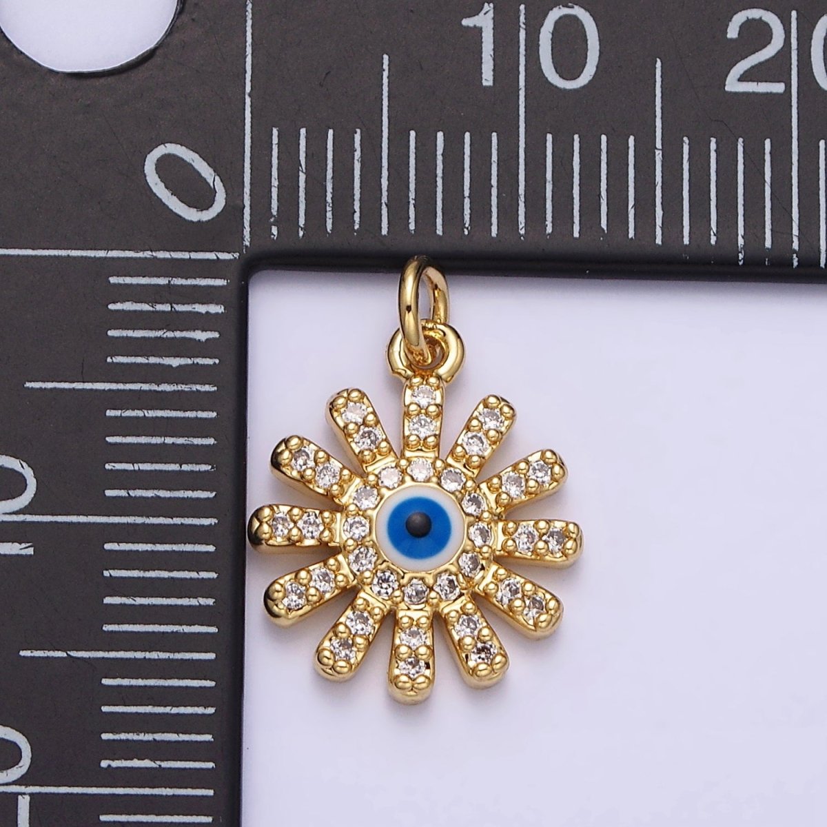 16K Gold plated Evil Eye Micro Paved CZ Celestial Sun Flower Charm | AC1136 - DLUXCA