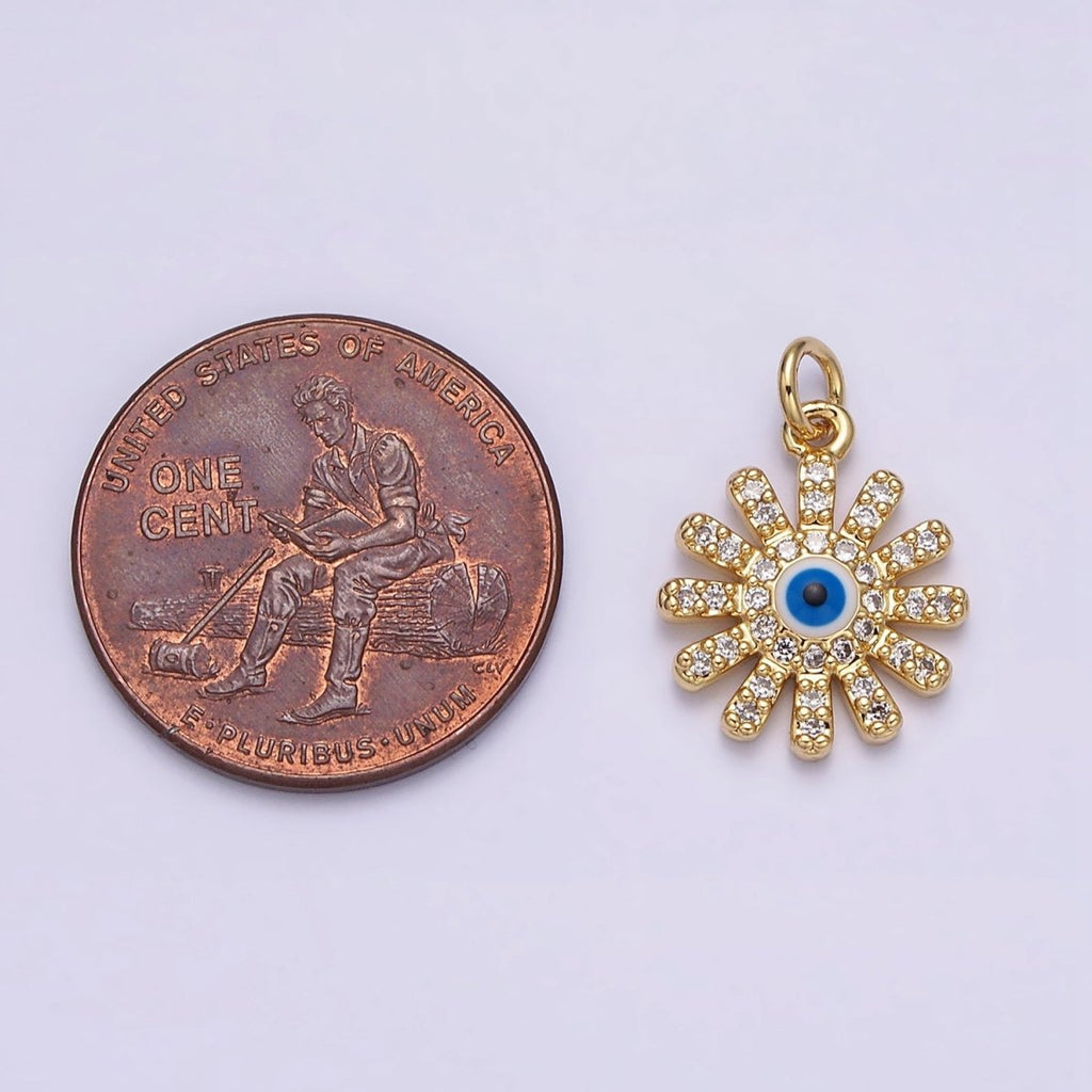 16K Gold plated Evil Eye Micro Paved CZ Celestial Sun Flower Charm | AC1136 - DLUXCA
