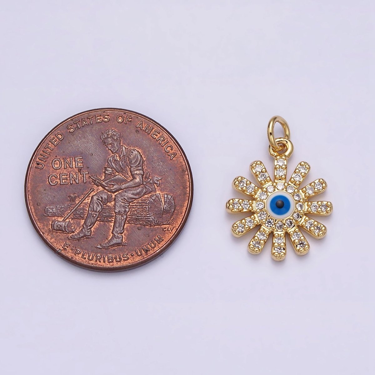 16K Gold plated Evil Eye Micro Paved CZ Celestial Sun Flower Charm | AC1136 - DLUXCA