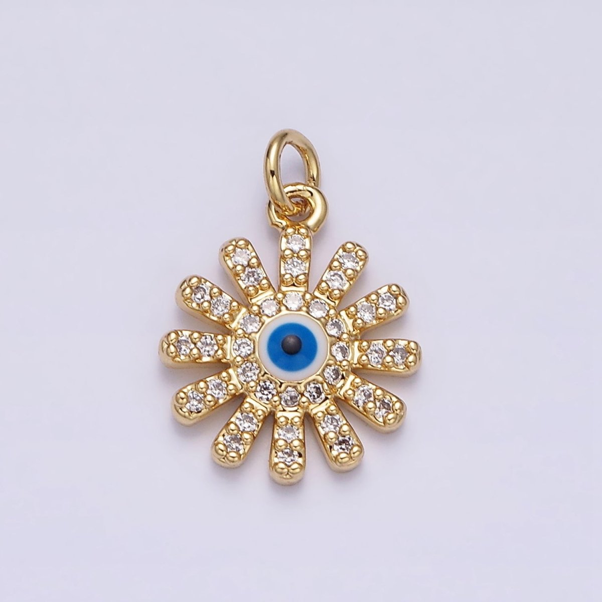16K Gold plated Evil Eye Micro Paved CZ Celestial Sun Flower Charm | AC1136 - DLUXCA
