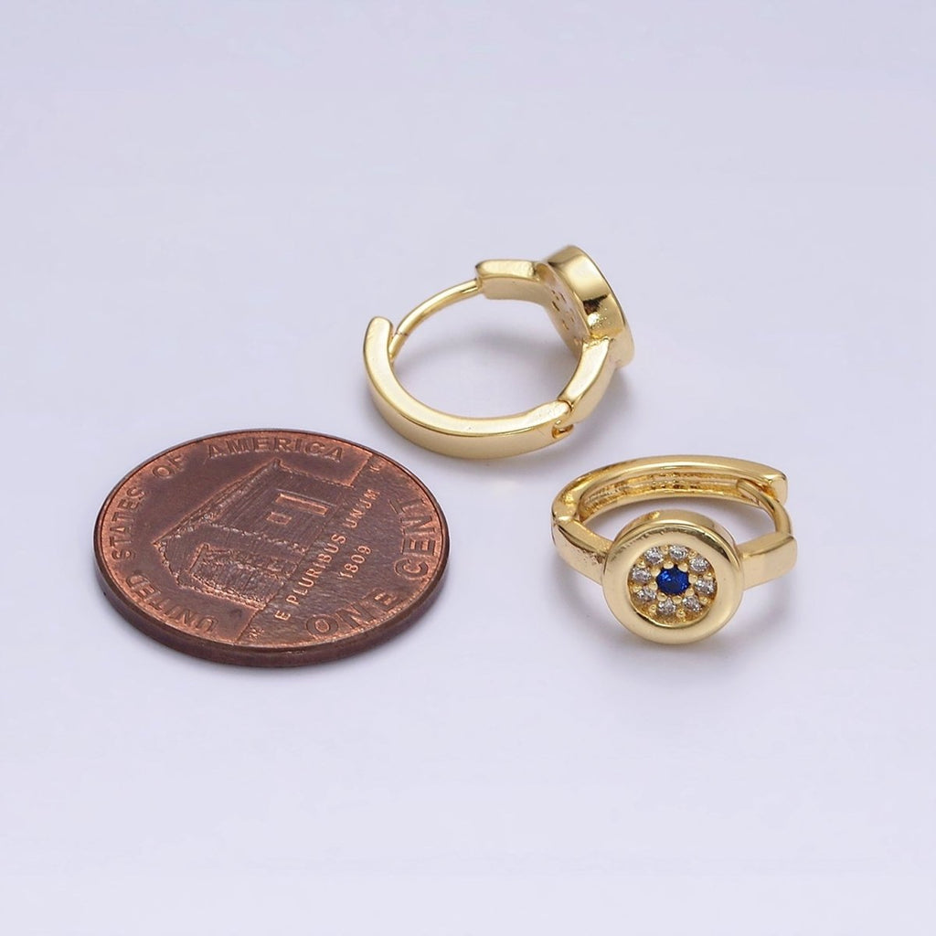16K Gold plated Evil Eye Micro Paved CZ Round 13mm Huggie Earrings | AE605 - DLUXCA